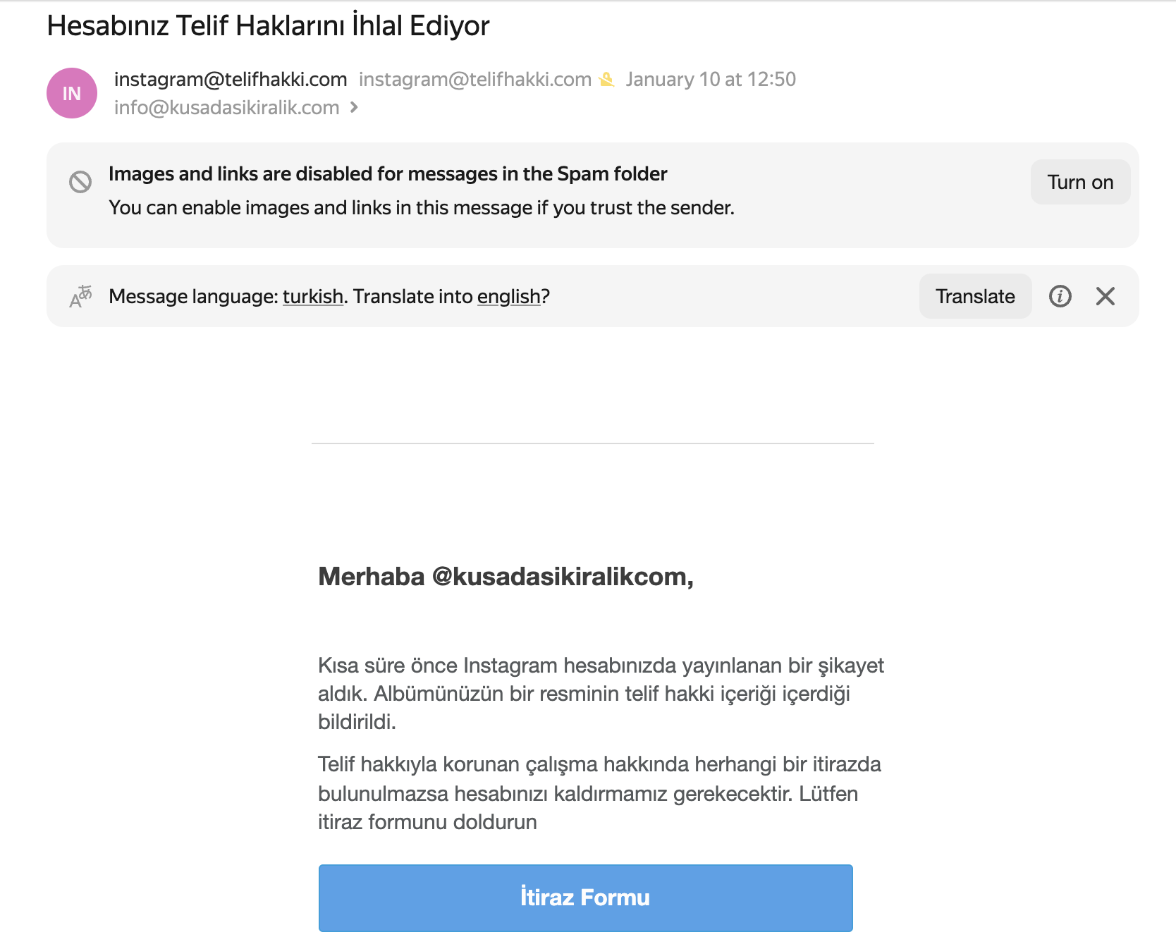 Hesabınız Telif Haklarını İhlal Ediyor